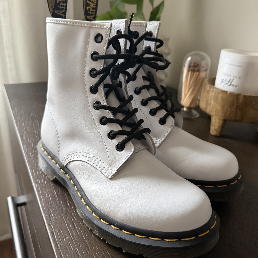 Dr. Martens White Lace-Up Combat Boots with Black Laces and Yellow Stitching